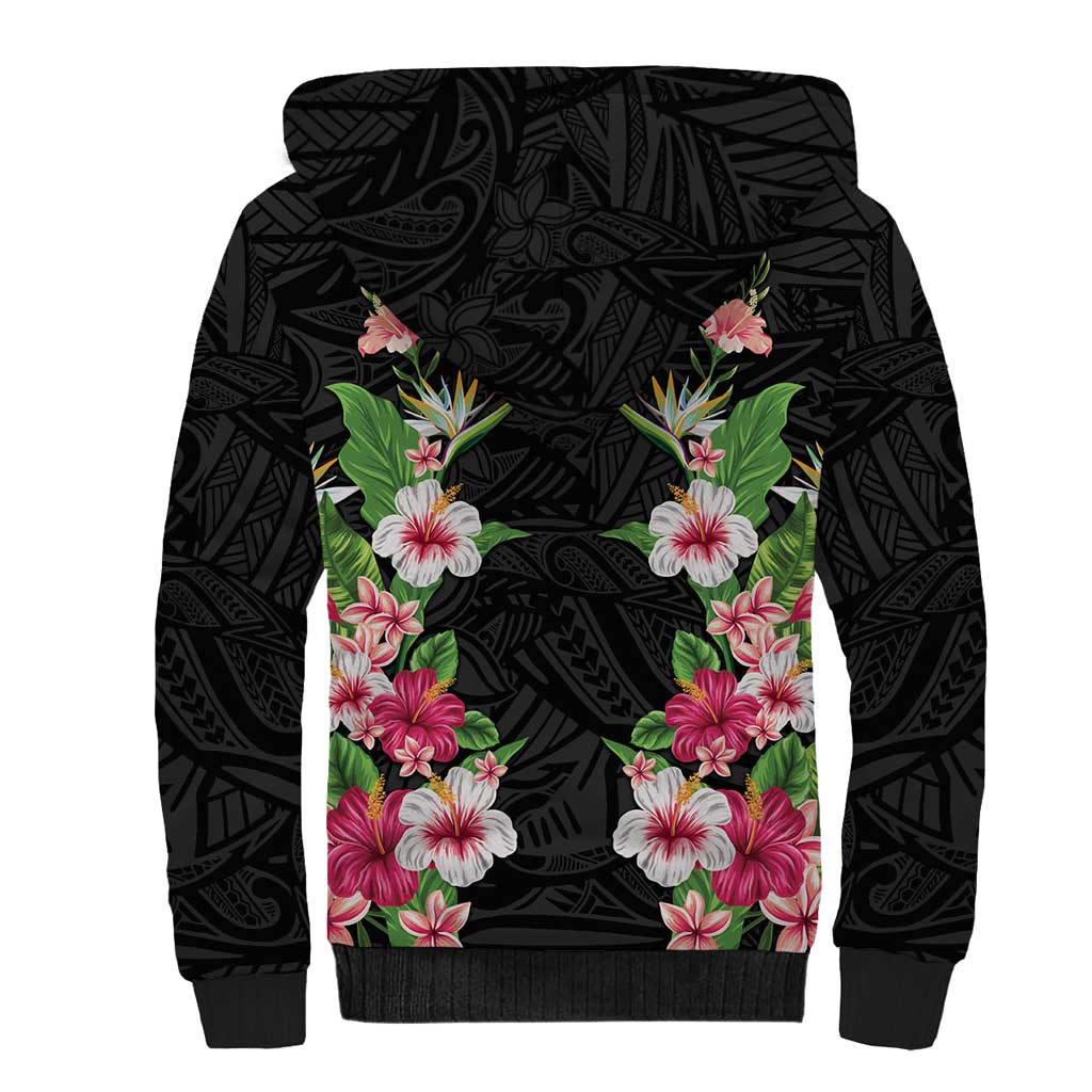 Hawaii Tropical Flowers Sherpa Hoodie Black Polynesian Tattoo Art