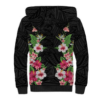 Hawaii Tropical Flowers Sherpa Hoodie Black Polynesian Tattoo Art