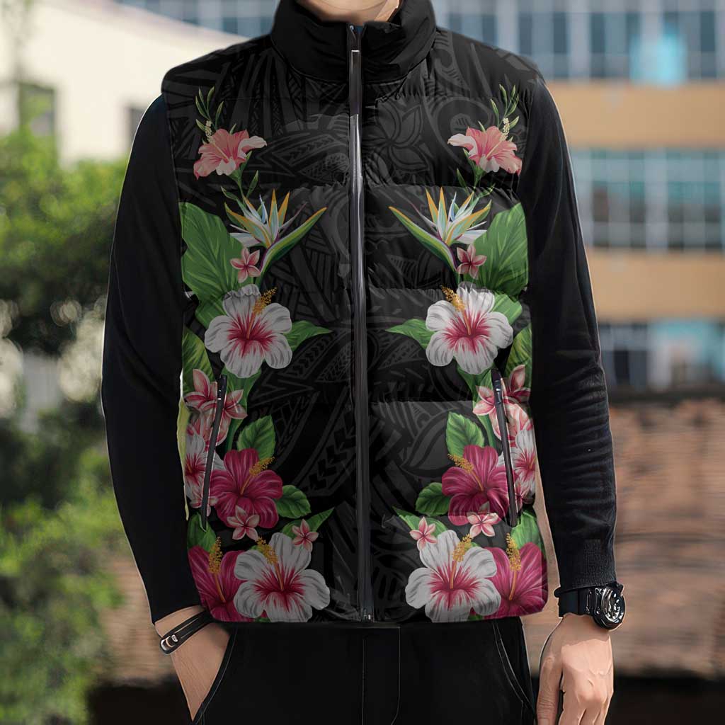 Hawaii Tropical Flowers Sleeveless Puffer Jacket Black Polynesian Tattoo Art