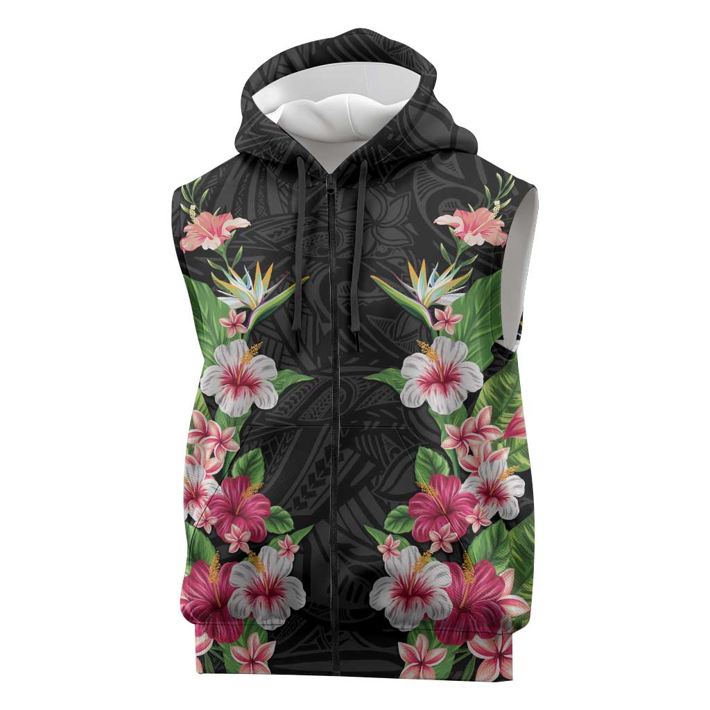 Hawaii Tropical Flowers Sleeveless Zip Hoodie Black Polynesian Tattoo Art