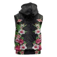 Hawaii Tropical Flowers Sleeveless Zip Hoodie Black Polynesian Tattoo Art
