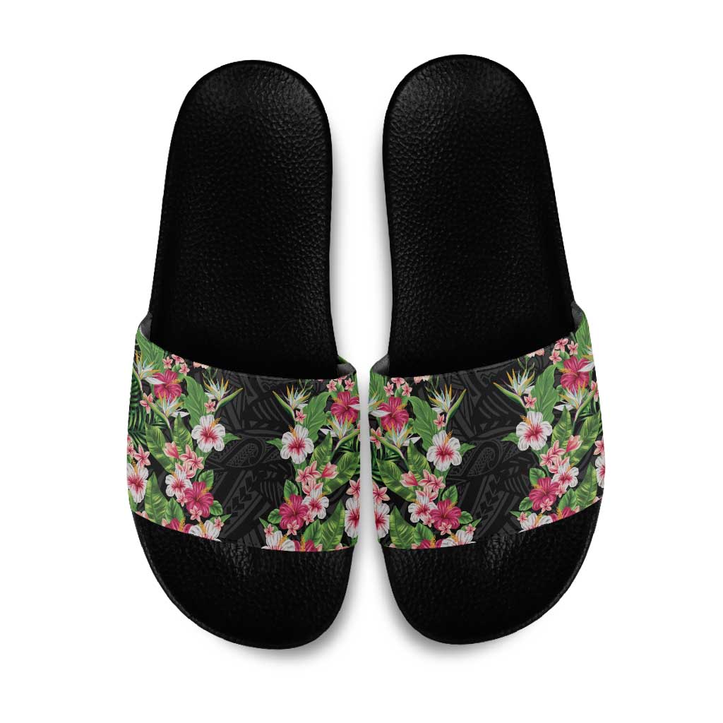 Hawaii Tropical Flowers Slide Sandals Black Polynesian Tattoo Art