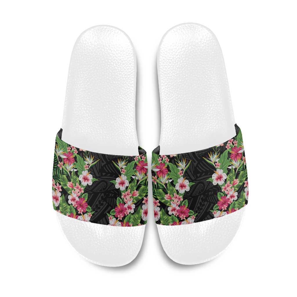 Hawaii Tropical Flowers Slide Sandals Black Polynesian Tattoo Art