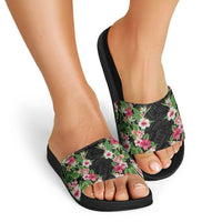 Hawaii Tropical Flowers Slide Sandals Black Polynesian Tattoo Art