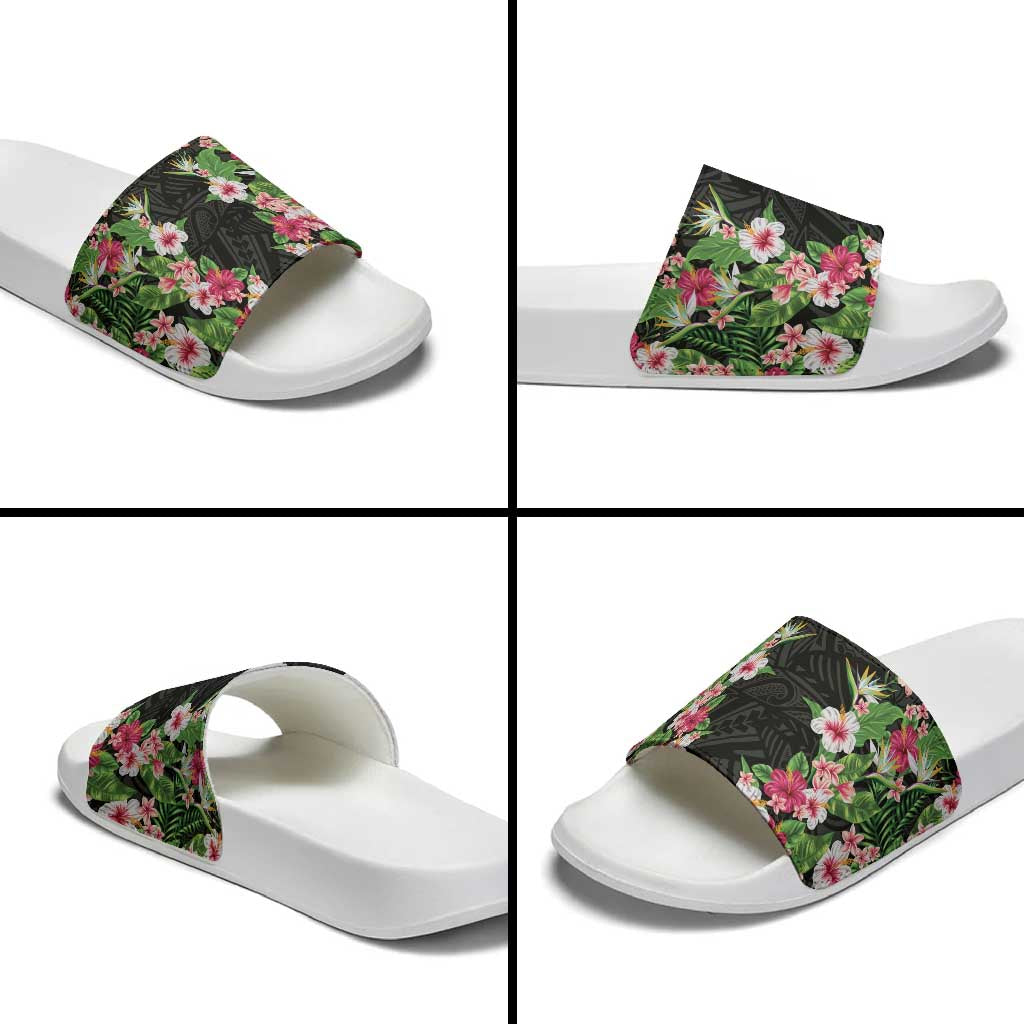 Hawaii Tropical Flowers Slide Sandals Black Polynesian Tattoo Art