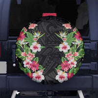 Hawaii Tropical Flowers Spare Tire Cover Black Polynesian Tattoo Art