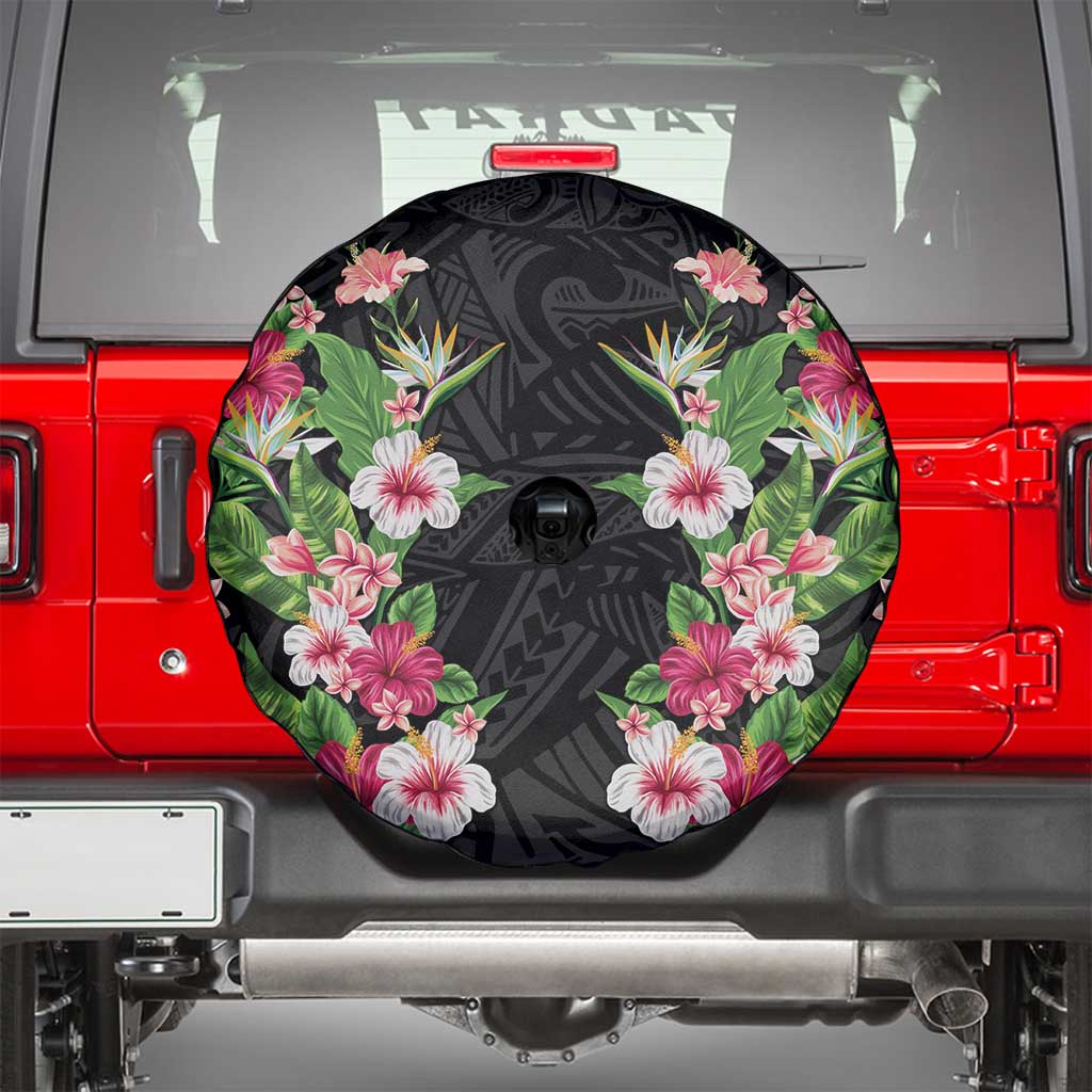 Hawaii Tropical Flowers Spare Tire Cover Black Polynesian Tattoo Art