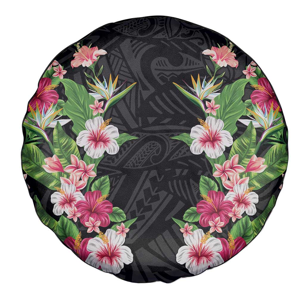 Hawaii Tropical Flowers Spare Tire Cover Black Polynesian Tattoo Art