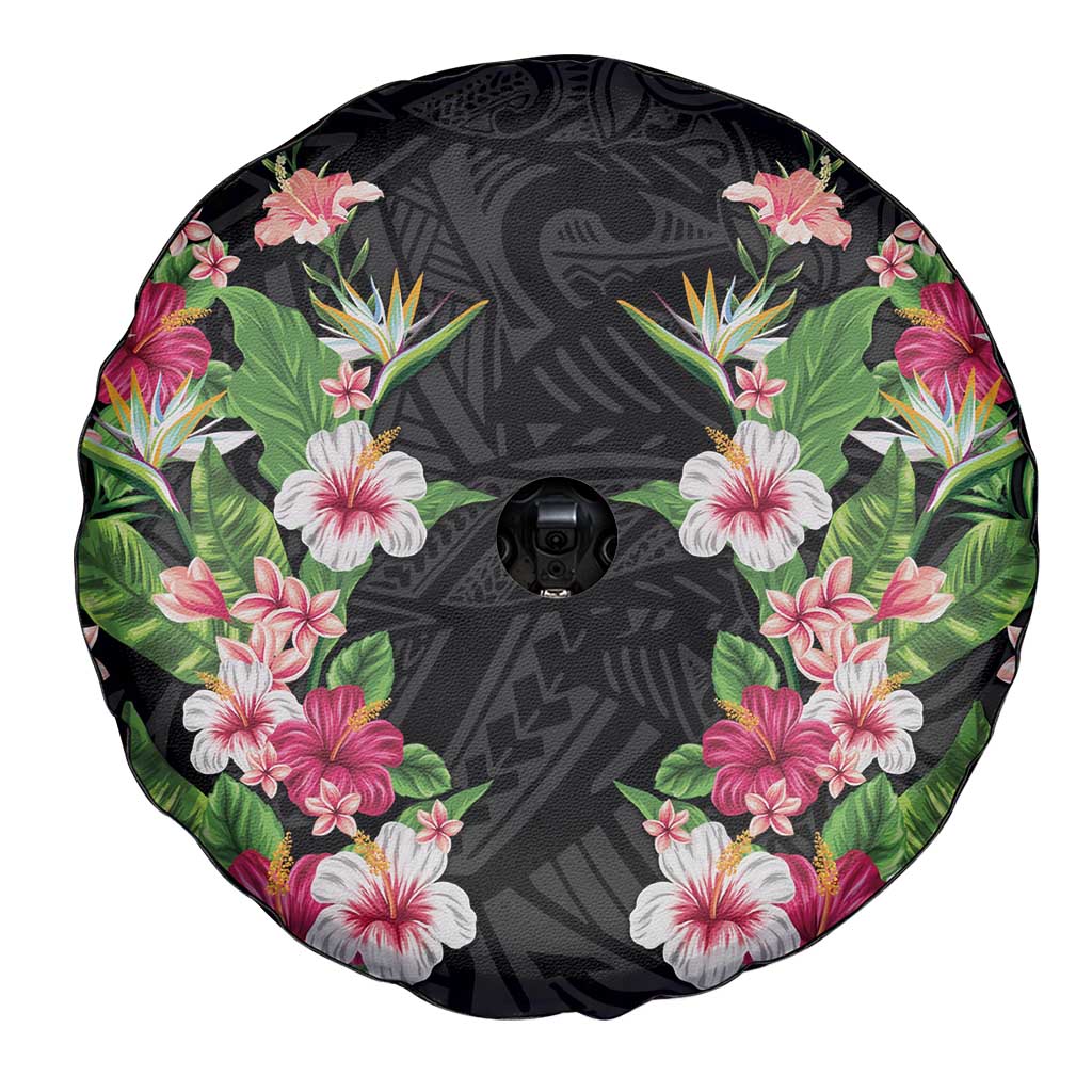 Hawaii Tropical Flowers Spare Tire Cover Black Polynesian Tattoo Art