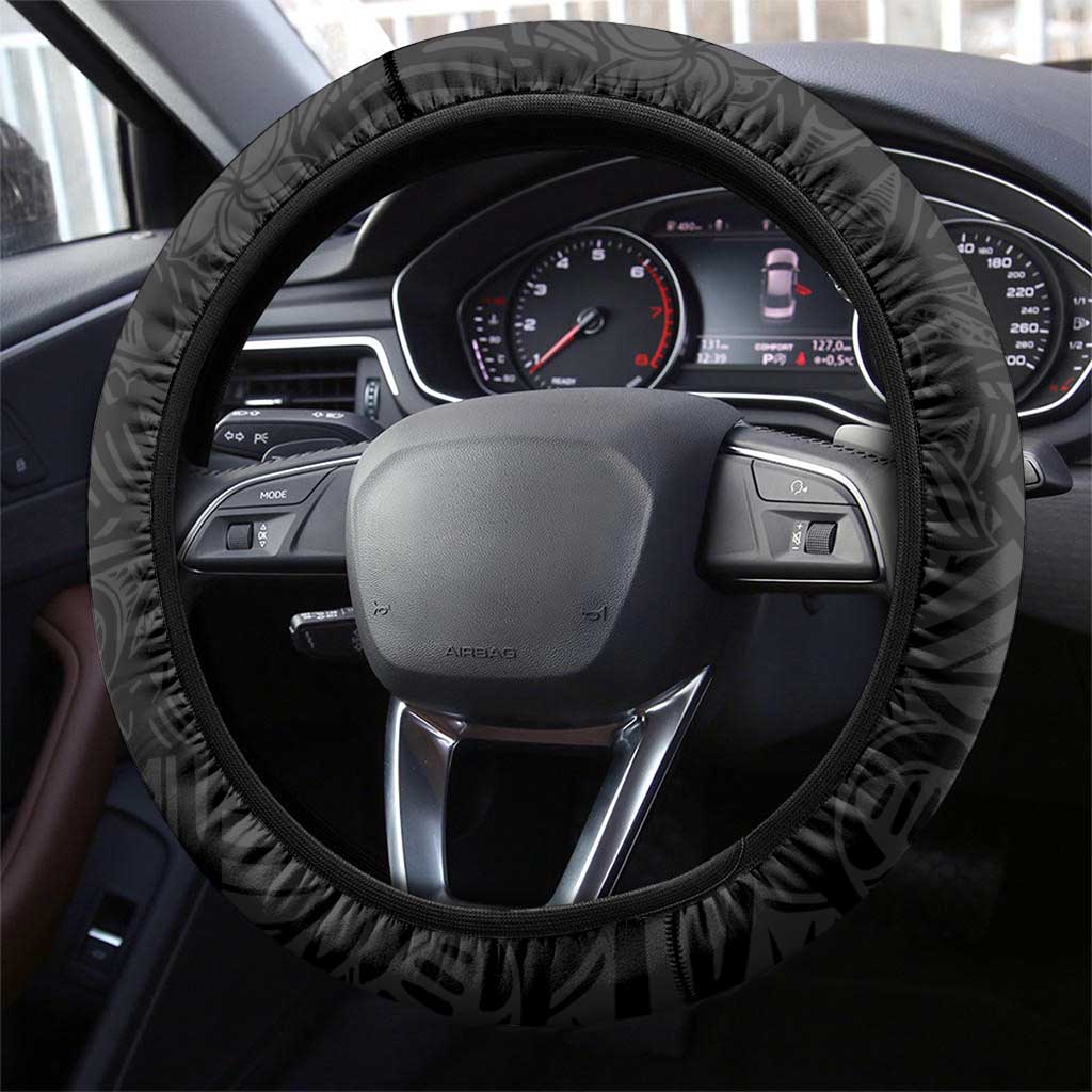 Hawaii Tropical Flowers Steering Wheel Cover Black Polynesian Tattoo Art