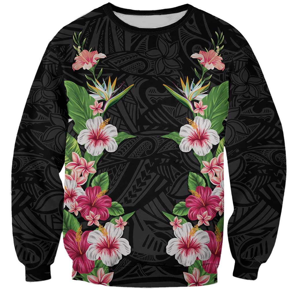 Hawaii Tropical Flowers Sweatshirt Black Polynesian Tattoo Art