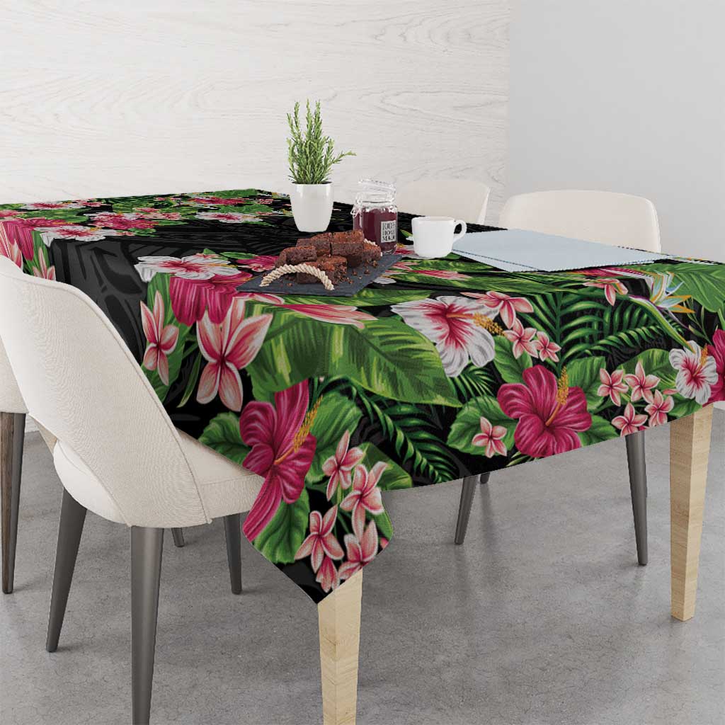 Hawaii Tropical Flowers Tablecloth Black Polynesian Tattoo Art