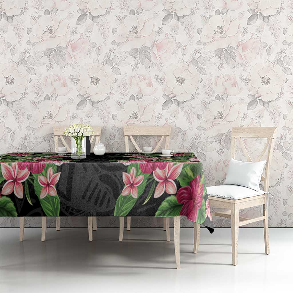 Hawaii Tropical Flowers Tablecloth Black Polynesian Tattoo Art