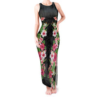 Hawaii Tropical Flowers Tank Maxi Dress Black Polynesian Tattoo Art