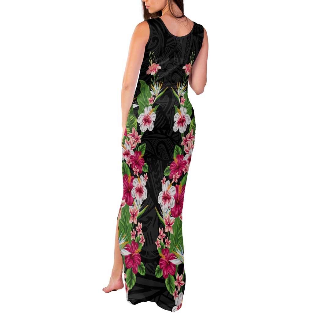 Hawaii Tropical Flowers Tank Maxi Dress Black Polynesian Tattoo Art