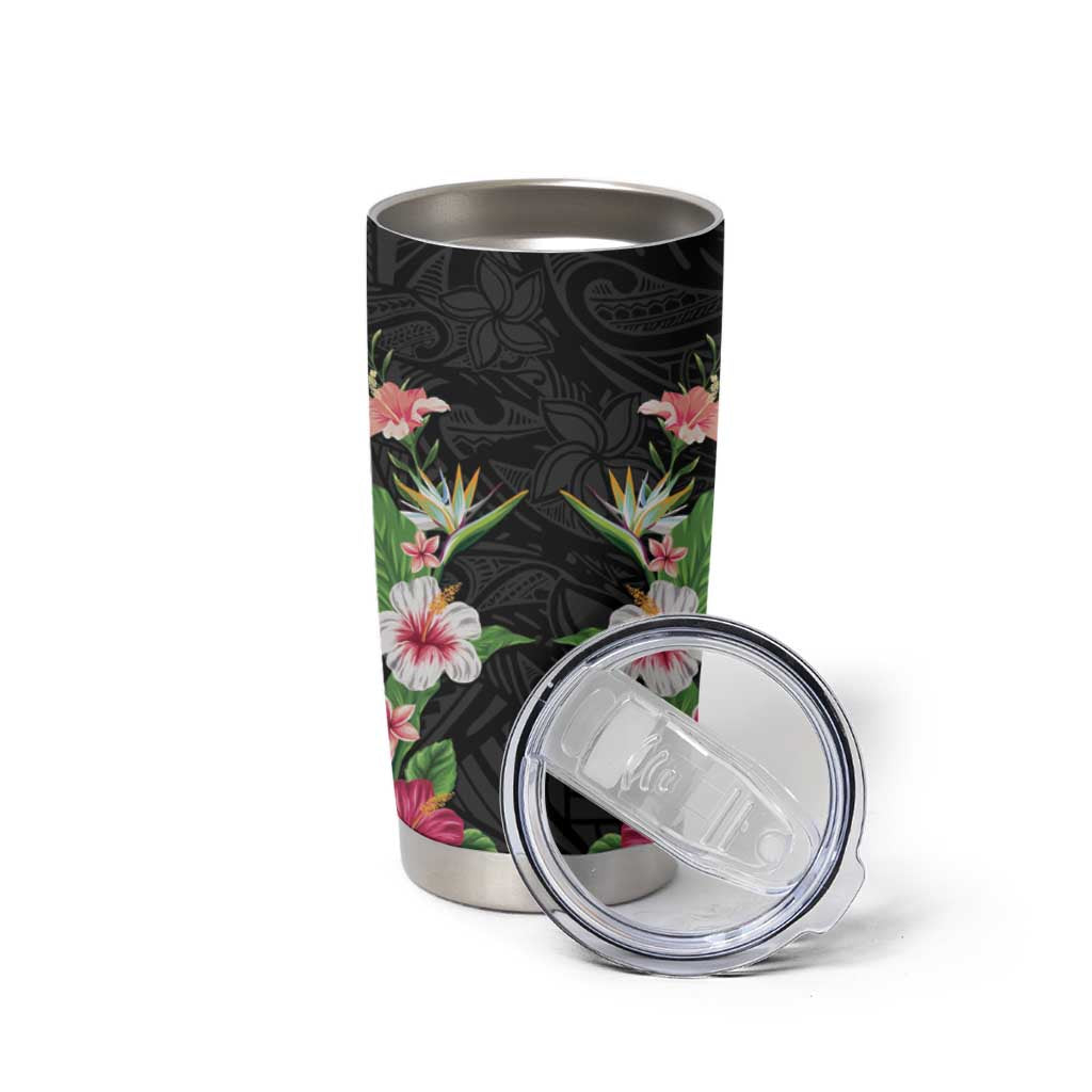 Hawaii Tropical Flowers Tumbler Cup Black Polynesian Tattoo Art