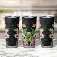 Hawaii Tropical Flowers Tumbler Cup Black Polynesian Tattoo Art