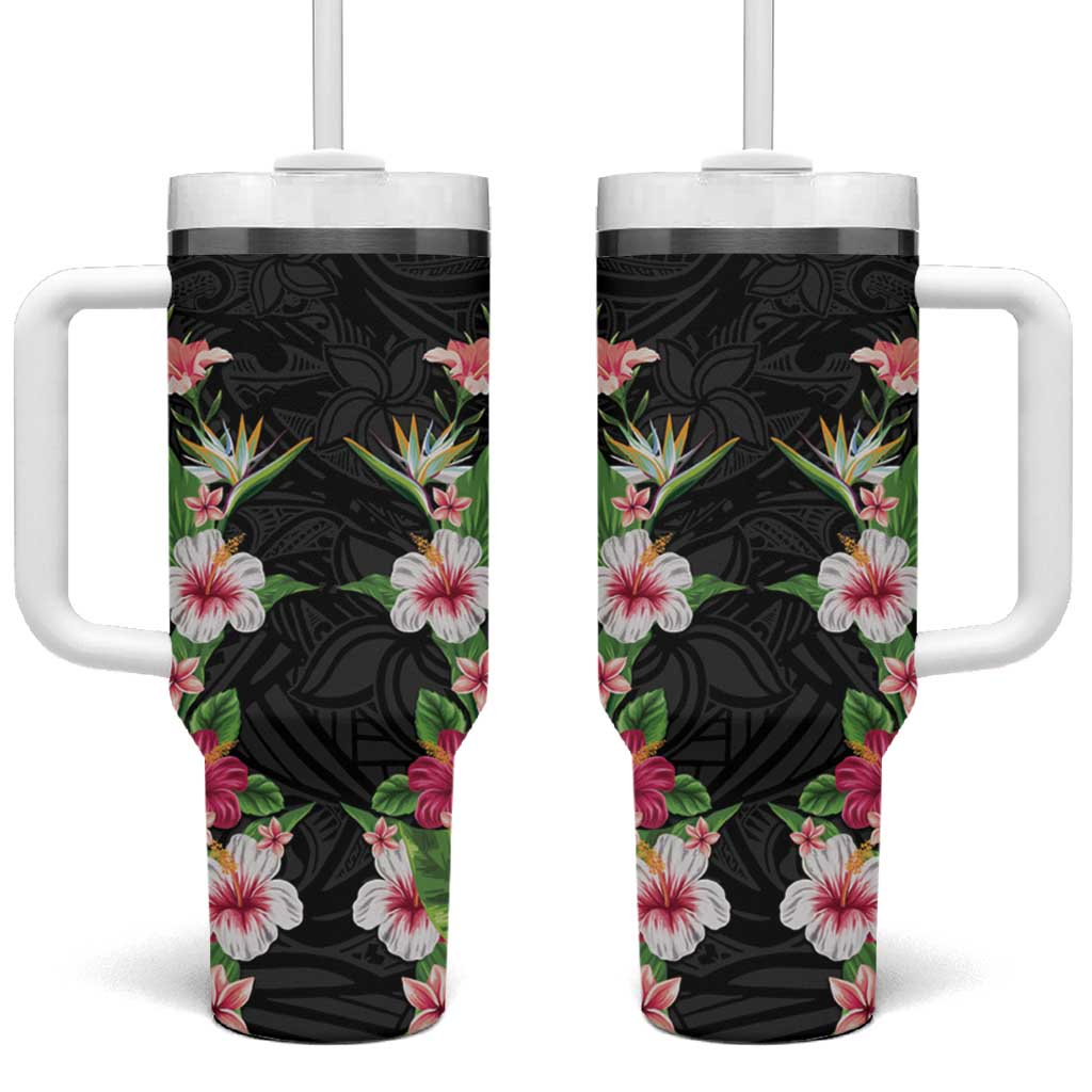 Hawaii Tropical Flowers Tumbler With Handle Black Polynesian Tattoo Art