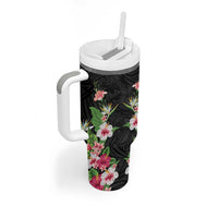 Hawaii Tropical Flowers Tumbler With Handle Black Polynesian Tattoo Art