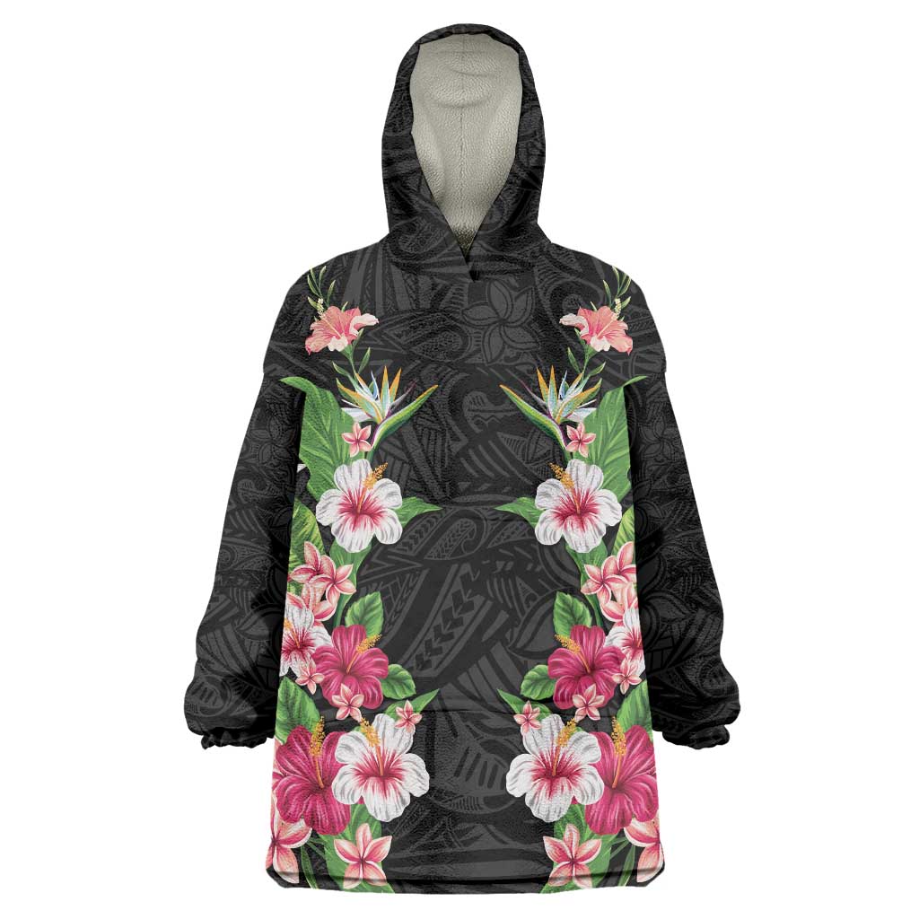 Hawaii Tropical Flowers Wearable Blanket Hoodie Black Polynesian Tattoo Art