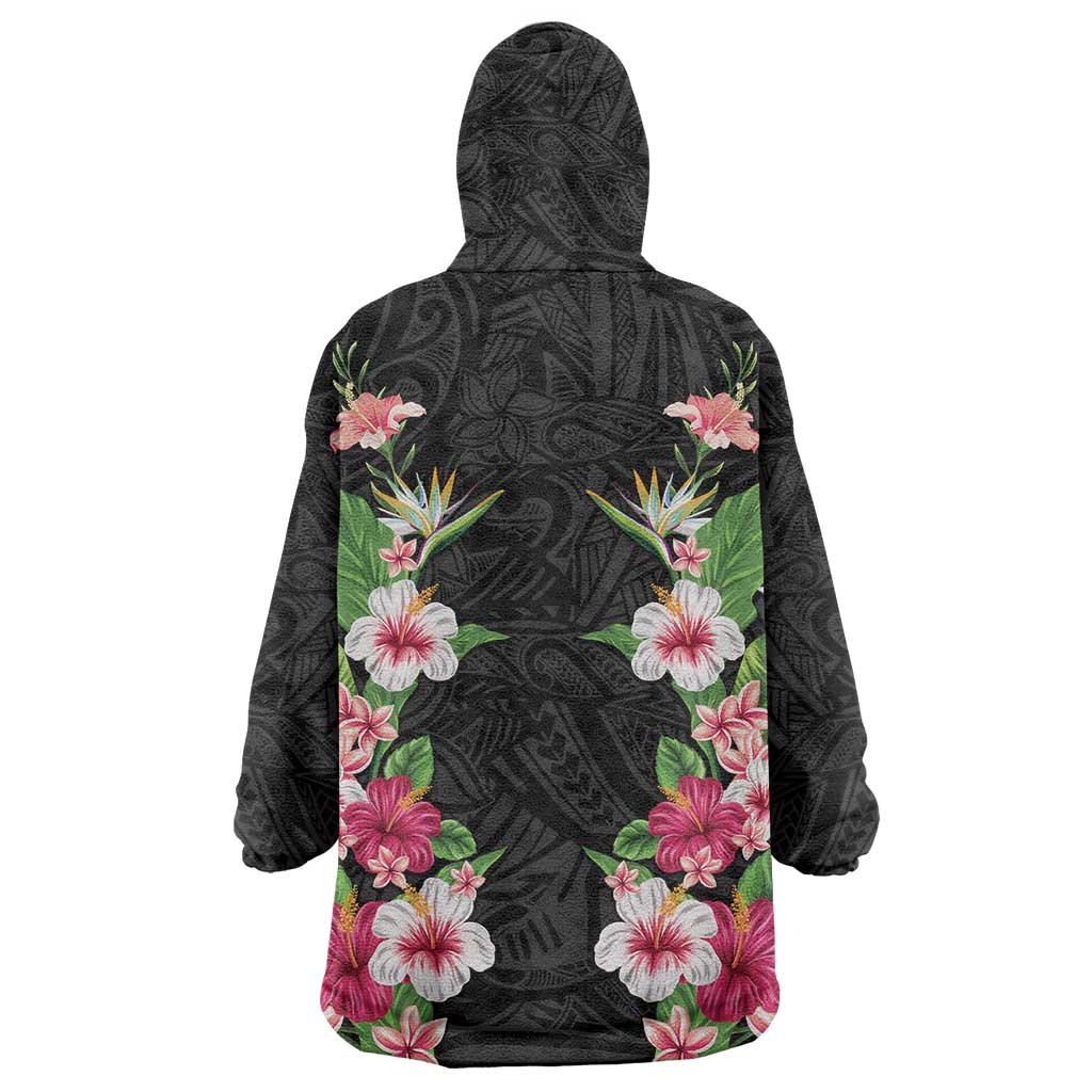 Hawaii Tropical Flowers Wearable Blanket Hoodie Black Polynesian Tattoo Art
