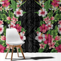 Hawaii Tropical Flowers Window Curtain Black Polynesian Tattoo Art