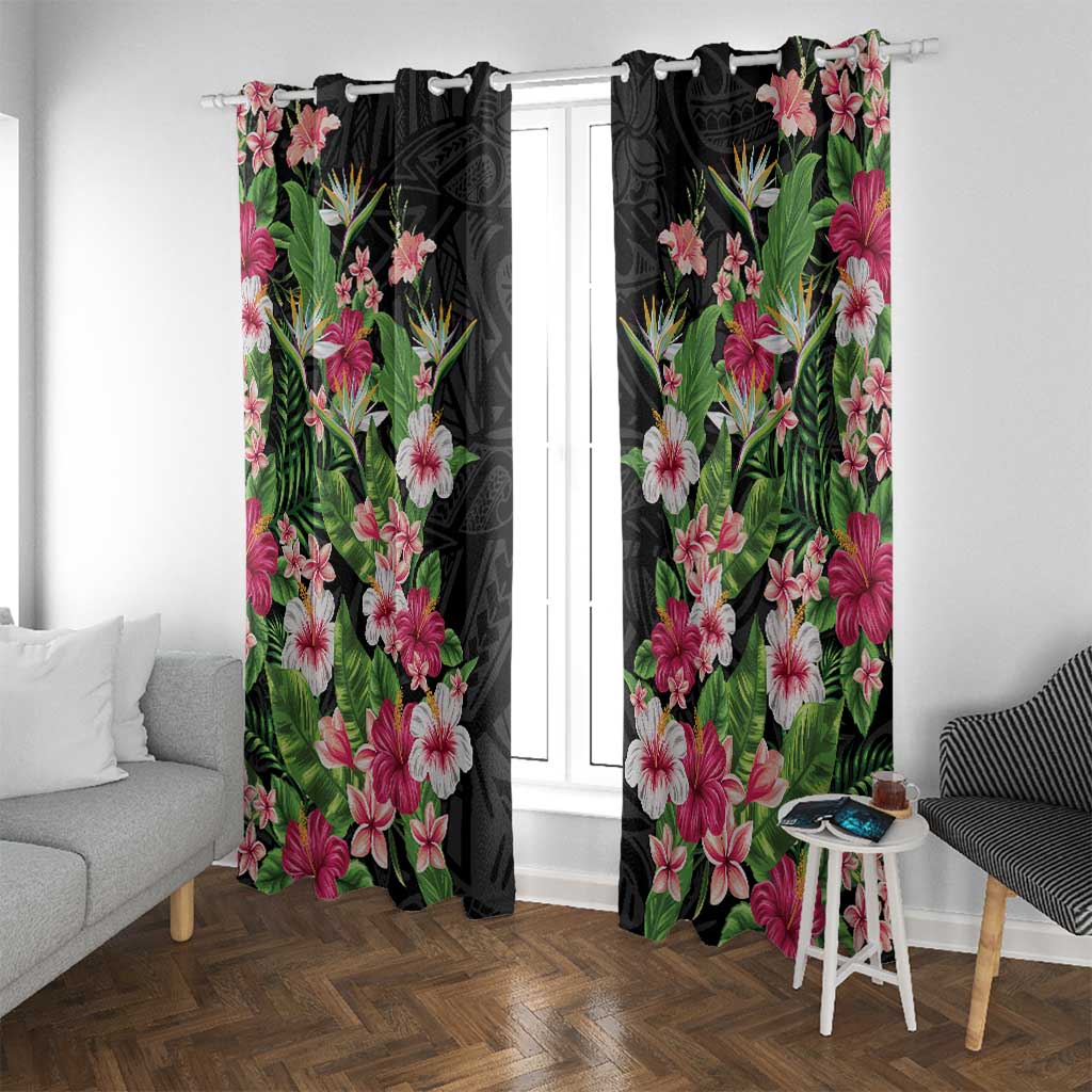 Hawaii Tropical Flowers Window Curtain Black Polynesian Tattoo Art