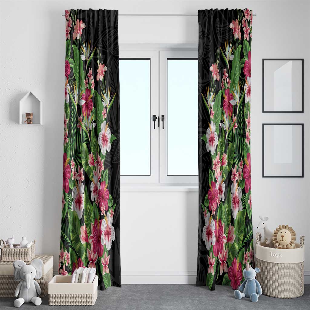 Hawaii Tropical Flowers Window Curtain Black Polynesian Tattoo Art