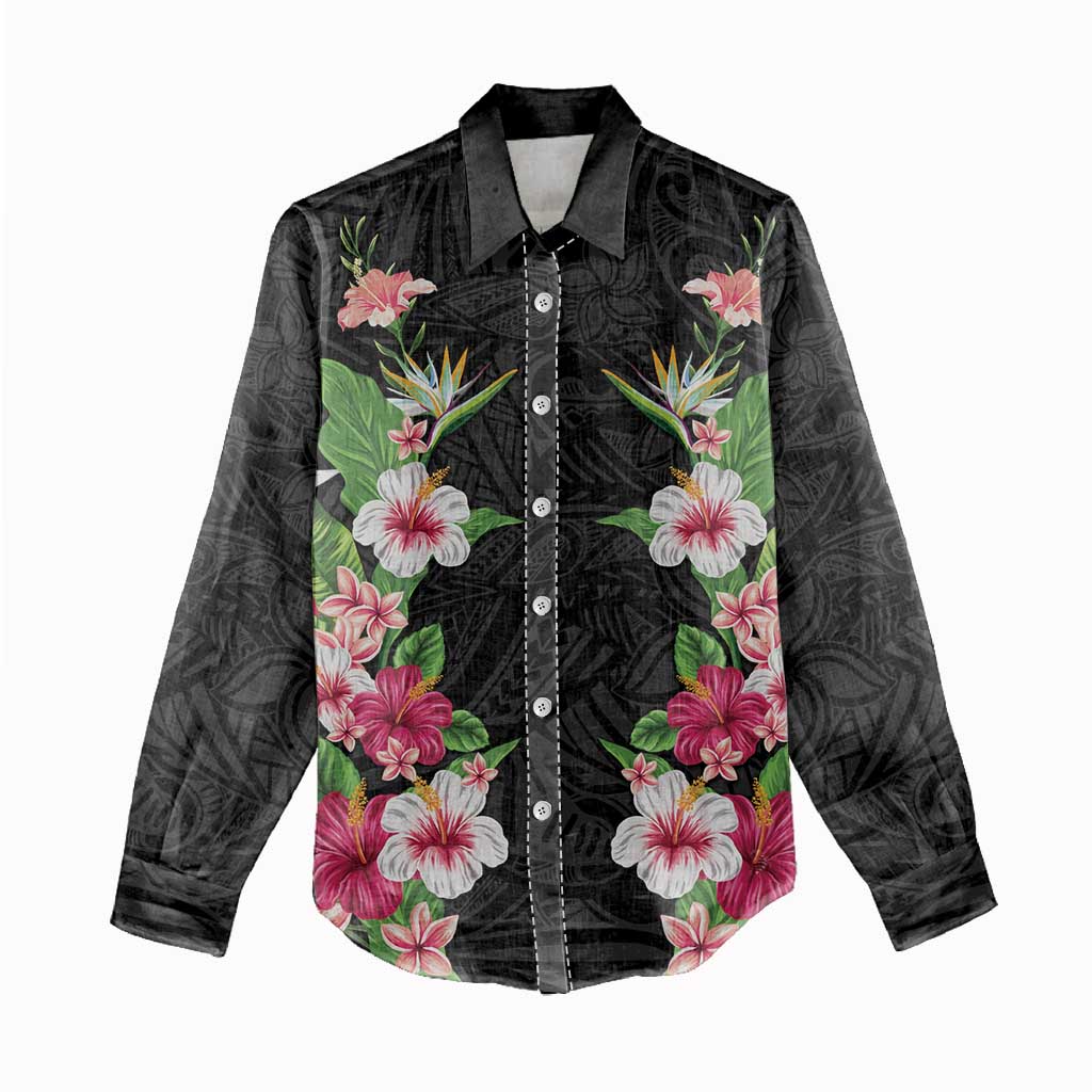 Hawaii Tropical Flowers Women Casual Shirt Black Polynesian Tattoo Art
