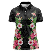 Hawaii Tropical Flowers Women Polo Shirt Black Polynesian Tattoo Art