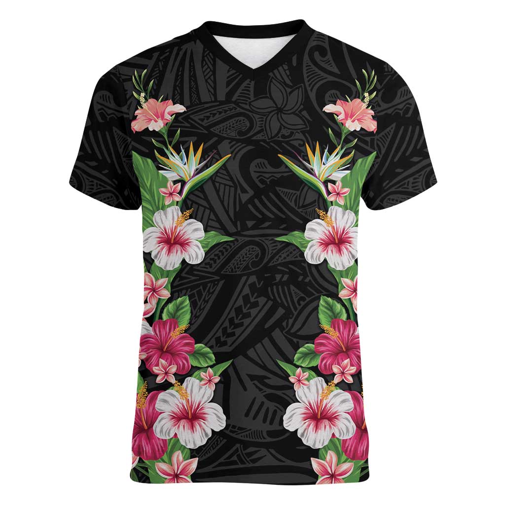 Hawaii Tropical Flowers Women V-Neck T-Shirt Black Polynesian Tattoo Art