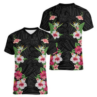 Hawaii Tropical Flowers Women V-Neck T-Shirt Black Polynesian Tattoo Art