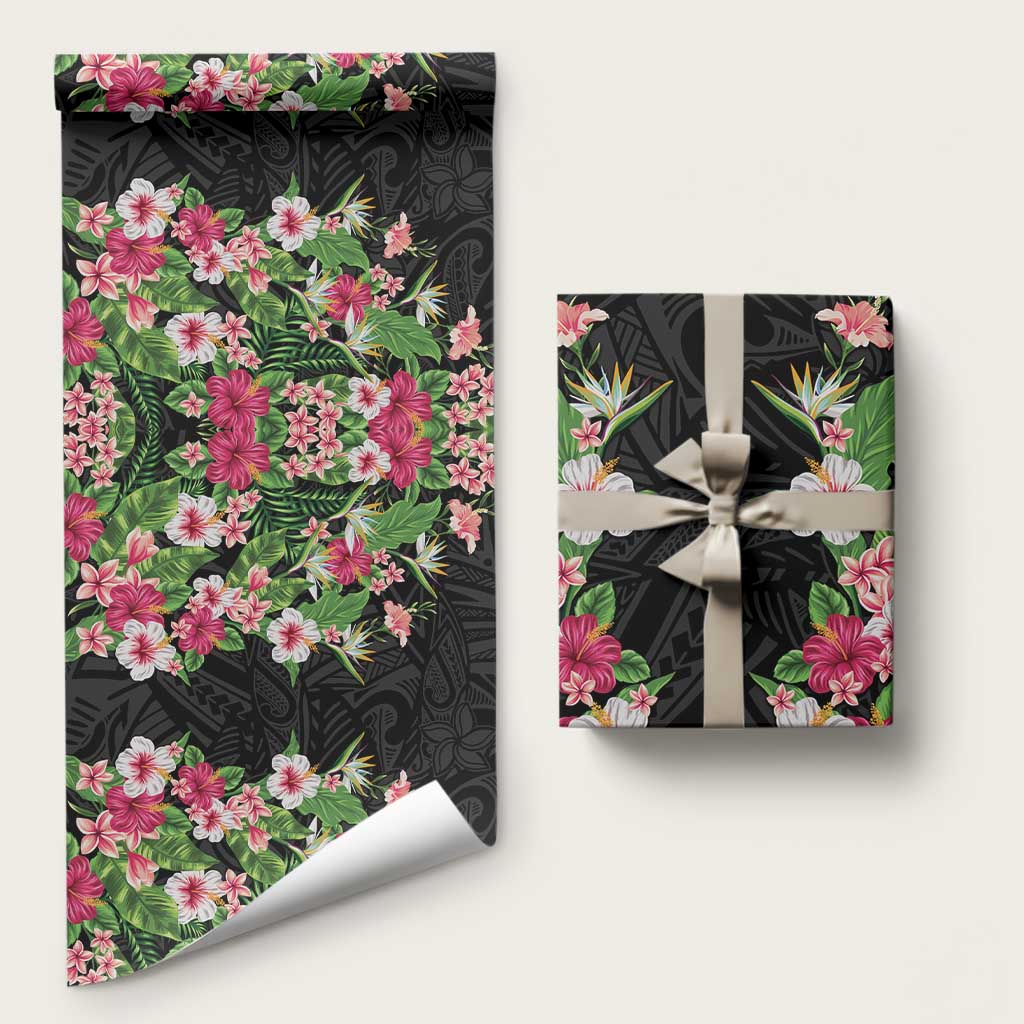 Hawaii Tropical Flowers Wrapping Paper Black Polynesian Tattoo Art