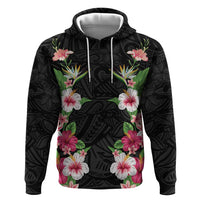 Hawaii Tropical Flowers Zip Hoodie Black Polynesian Tattoo Art
