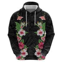 Hawaii Tropical Flowers Zip Hoodie Black Polynesian Tattoo Art