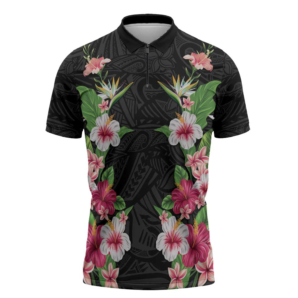Hawaii Tropical Flowers Zipper Polo Shirt Black Polynesian Tattoo Art