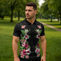 Hawaii Tropical Flowers Zipper Polo Shirt Black Polynesian Tattoo Art