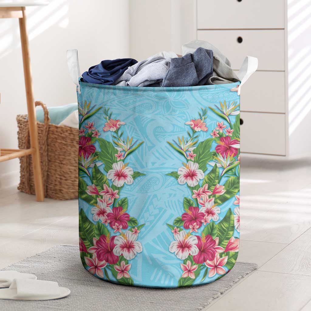 Hawaii Tropical Flowers Laundry Basket Sky Blue Polynesian Tattoo Art