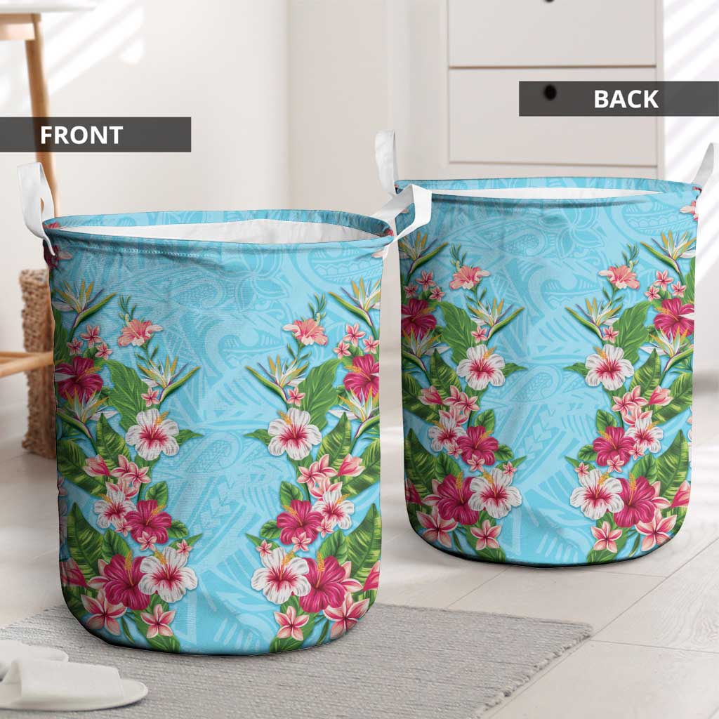 Hawaii Tropical Flowers Laundry Basket Sky Blue Polynesian Tattoo Art