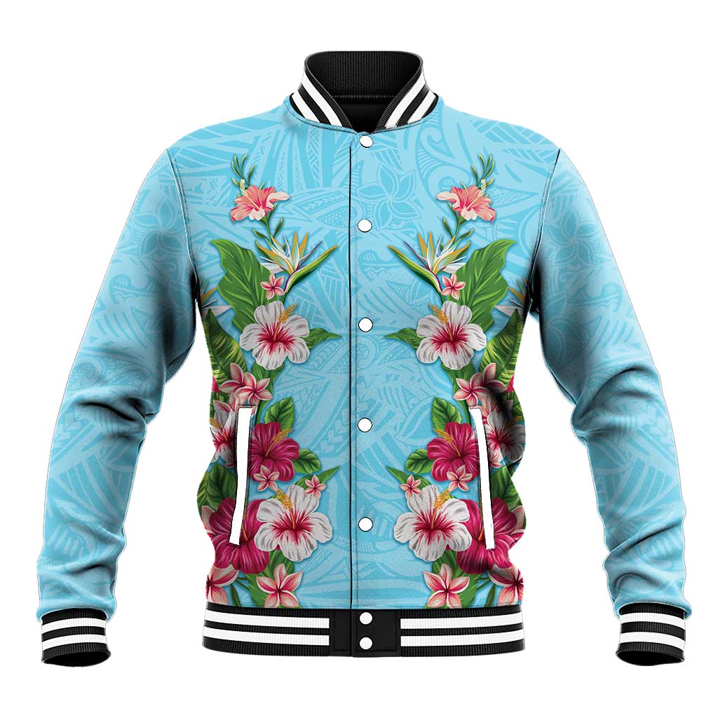 Hawaii Tropical Flowers Baseball Jacket Sky Blue Polynesian Tattoo Art