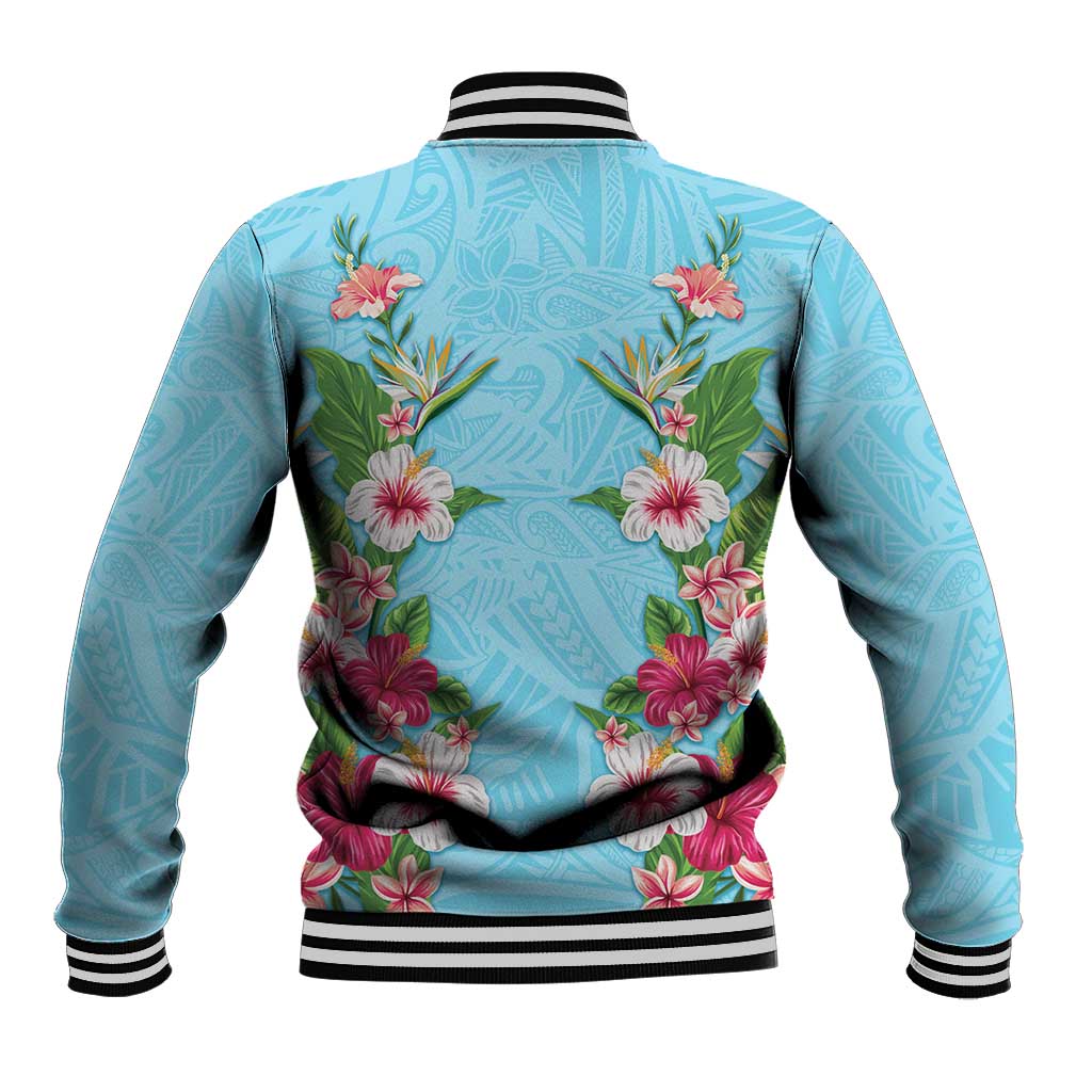Hawaii Tropical Flowers Baseball Jacket Sky Blue Polynesian Tattoo Art