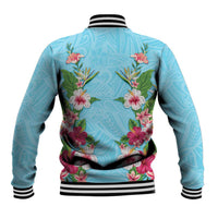 Hawaii Tropical Flowers Baseball Jacket Sky Blue Polynesian Tattoo Art