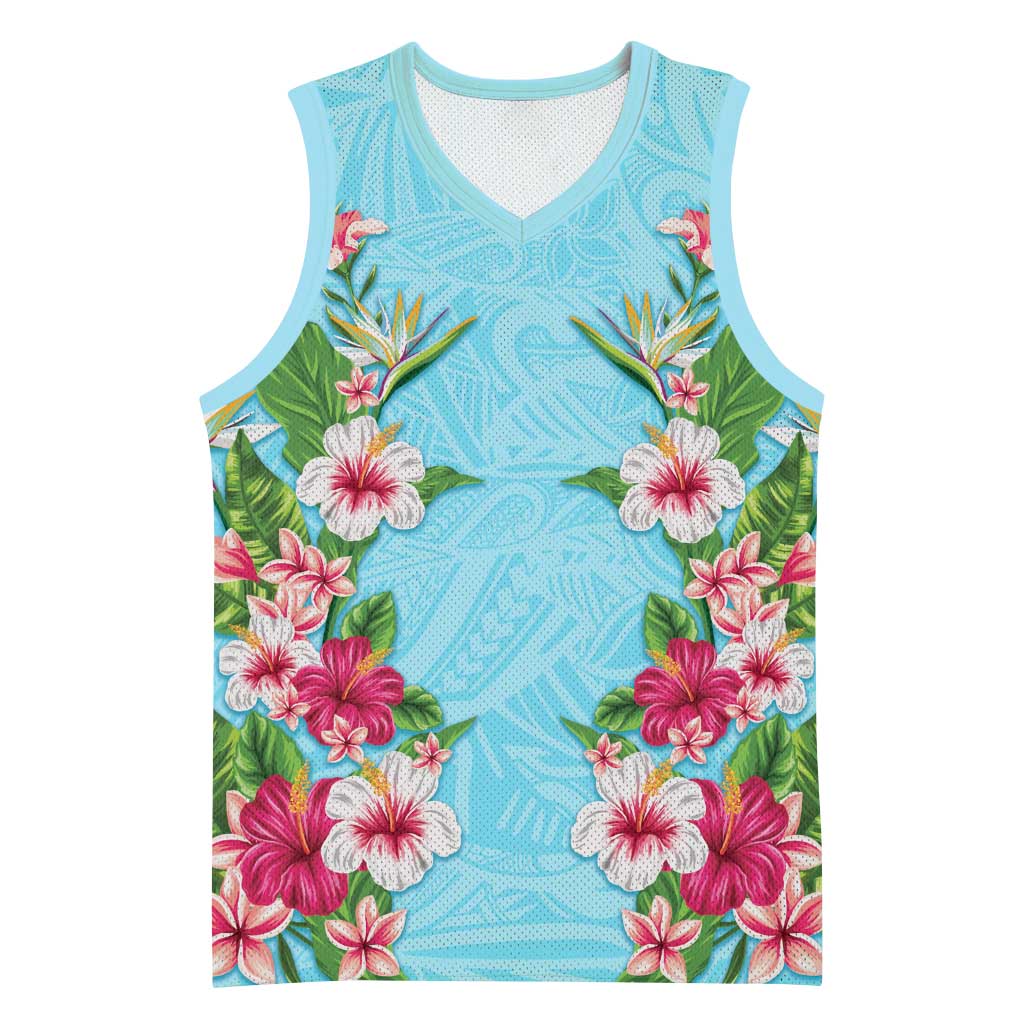 Hawaii Tropical Flowers Basketball Jersey Sky Blue Polynesian Tattoo Art