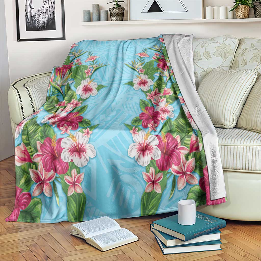 Hawaii Tropical Flowers Blanket Sky Blue Polynesian Tattoo Art