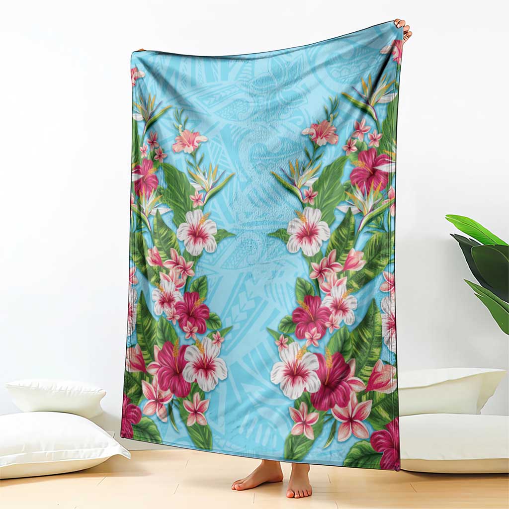 Hawaii Tropical Flowers Blanket Sky Blue Polynesian Tattoo Art