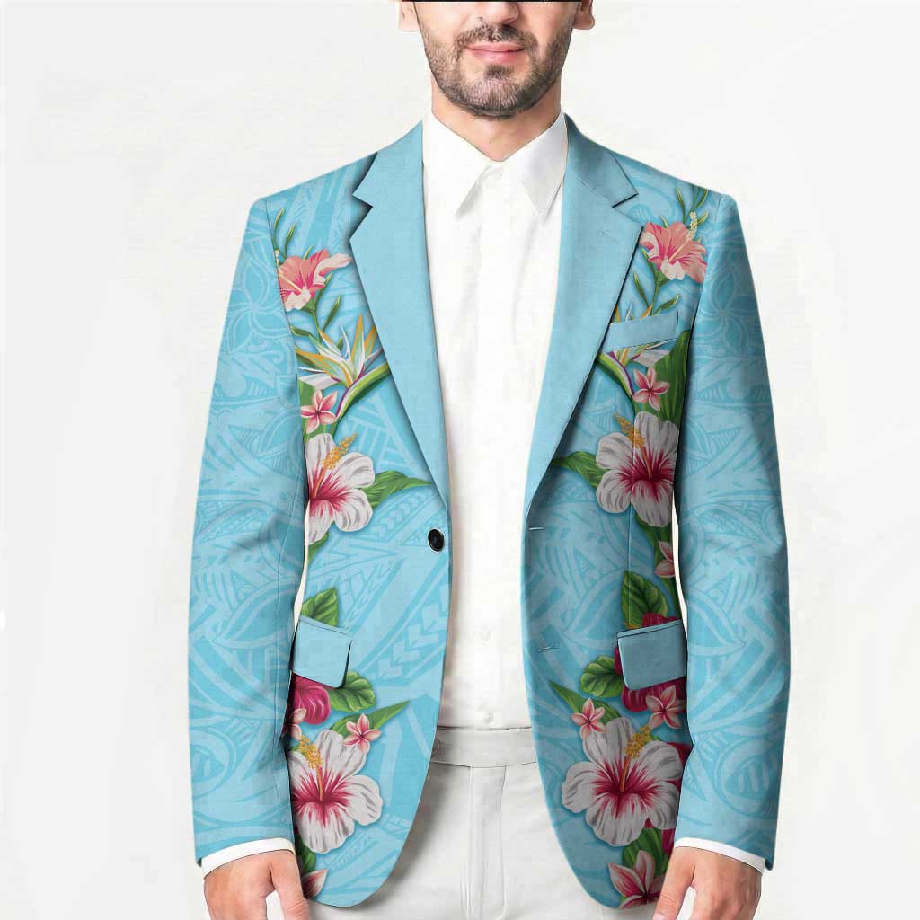 Hawaii Tropical Flowers Blazer Sky Blue Polynesian Tattoo Art