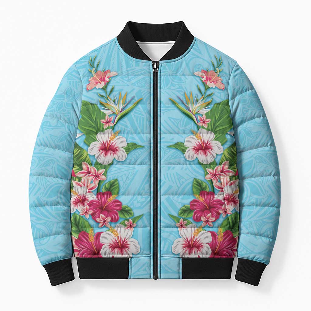 Hawaii Tropical Flowers Bomber Puffer Jacket Sky Blue Polynesian Tattoo Art