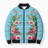 Hawaii Tropical Flowers Bomber Puffer Jacket Sky Blue Polynesian Tattoo Art