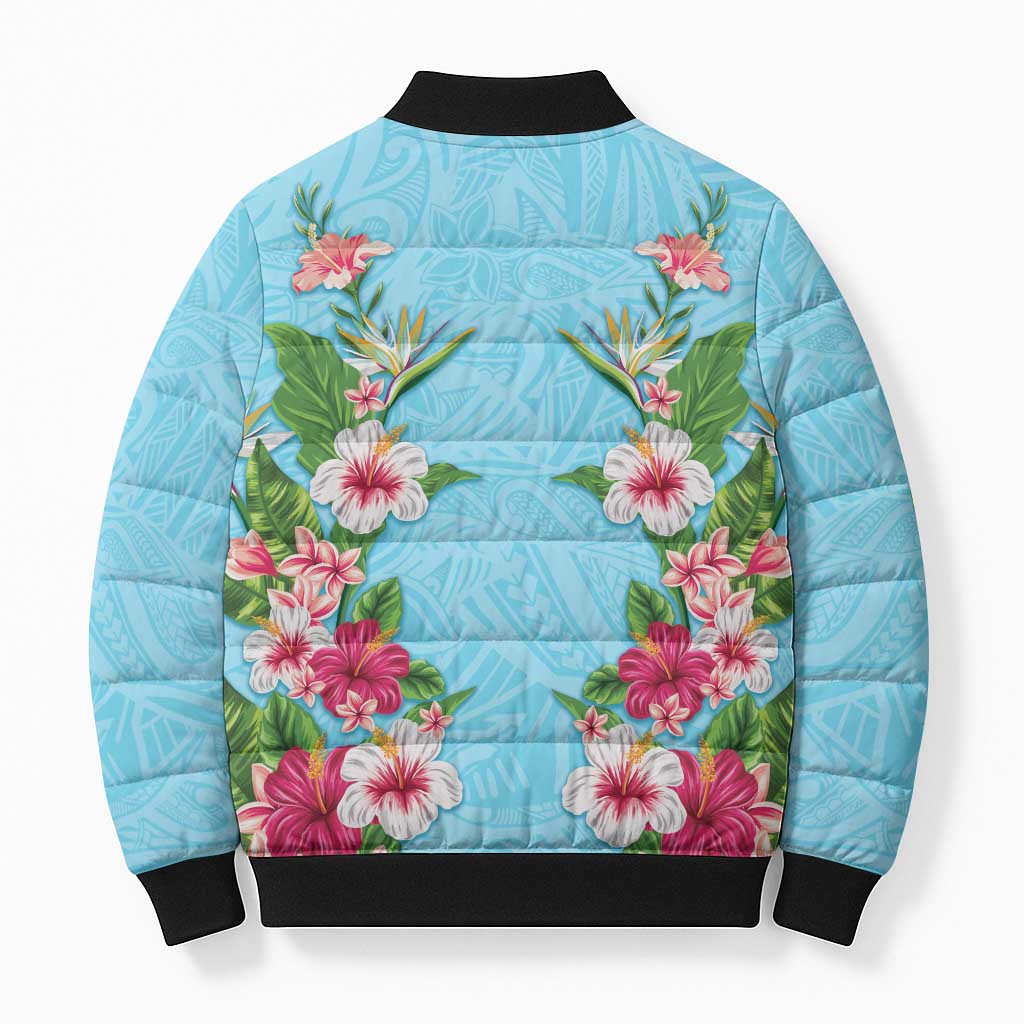 Hawaii Tropical Flowers Bomber Puffer Jacket Sky Blue Polynesian Tattoo Art