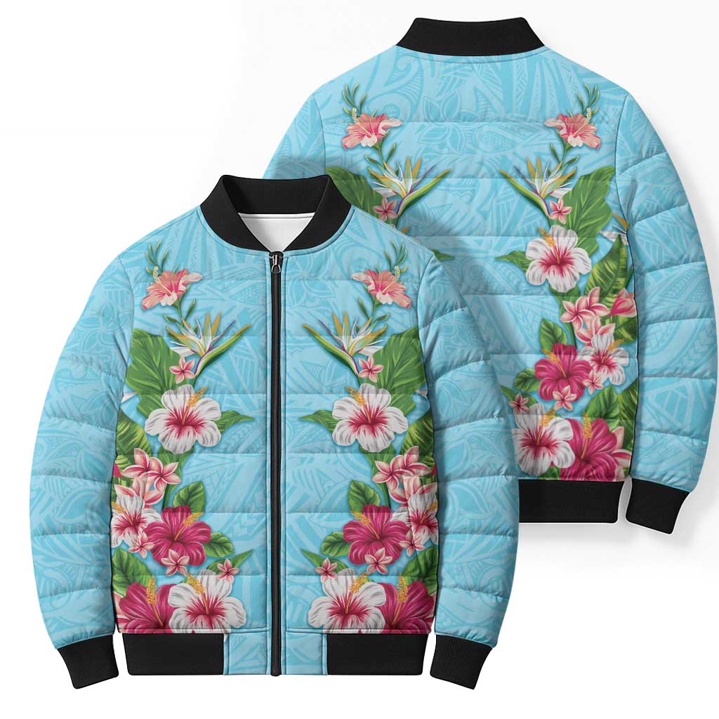 Hawaii Tropical Flowers Bomber Puffer Jacket Sky Blue Polynesian Tattoo Art